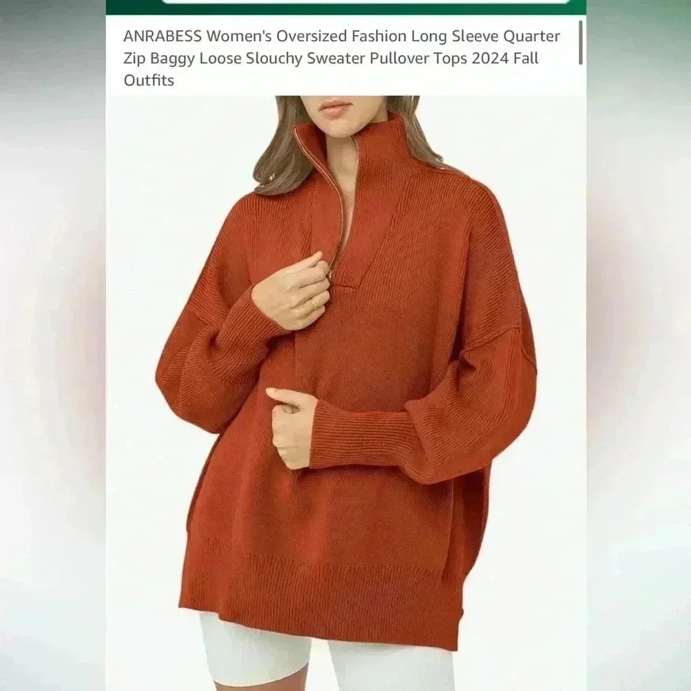 Women's Oversized Fashion Long Sleeve Quarter Zip Baggy Sweater Pullover Tops